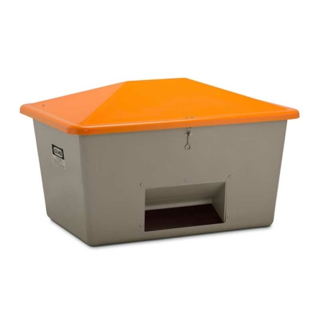 Streugutbehälter 1100 l, grau-orange mit Entnahmeöffnung